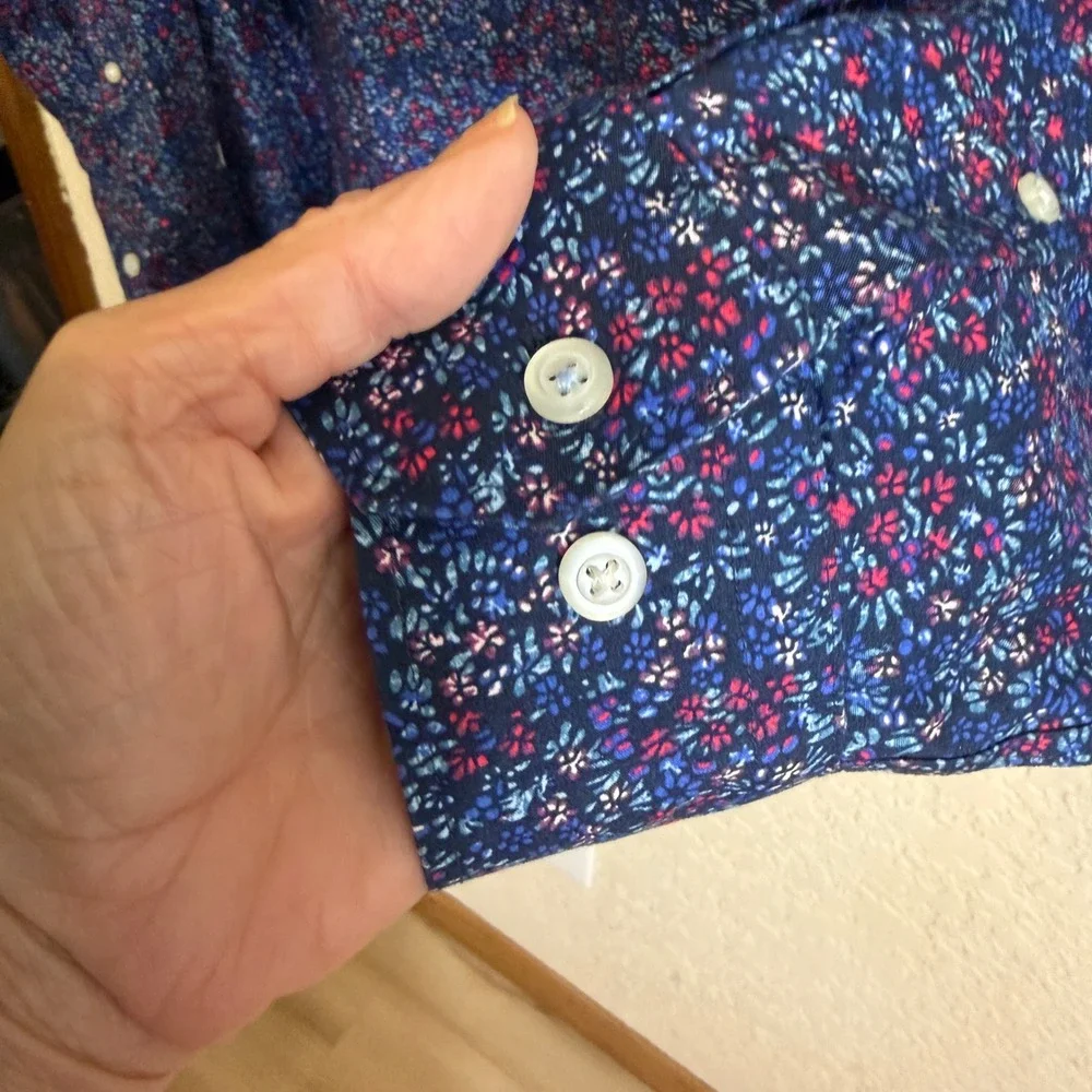 Banana Republic Button Front Shirt Mens XL Blue Floral‎ Slim Fit Non Iron LS